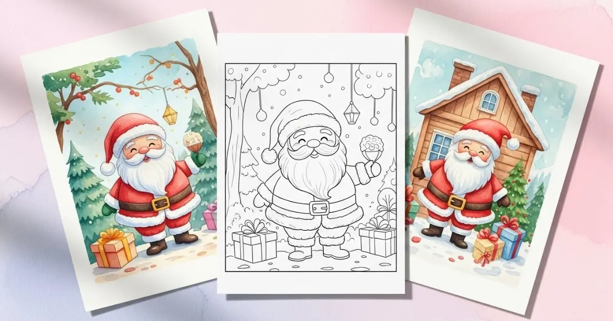 Santa Claus coloring page centered between two colored watercolor illustrations of Santa with gifts.