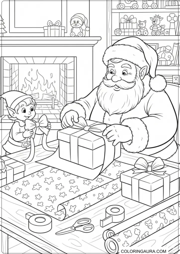 Printable coloring page featuring Santa Claus and an elf wrapping Christmas gifts near a fireplace.
