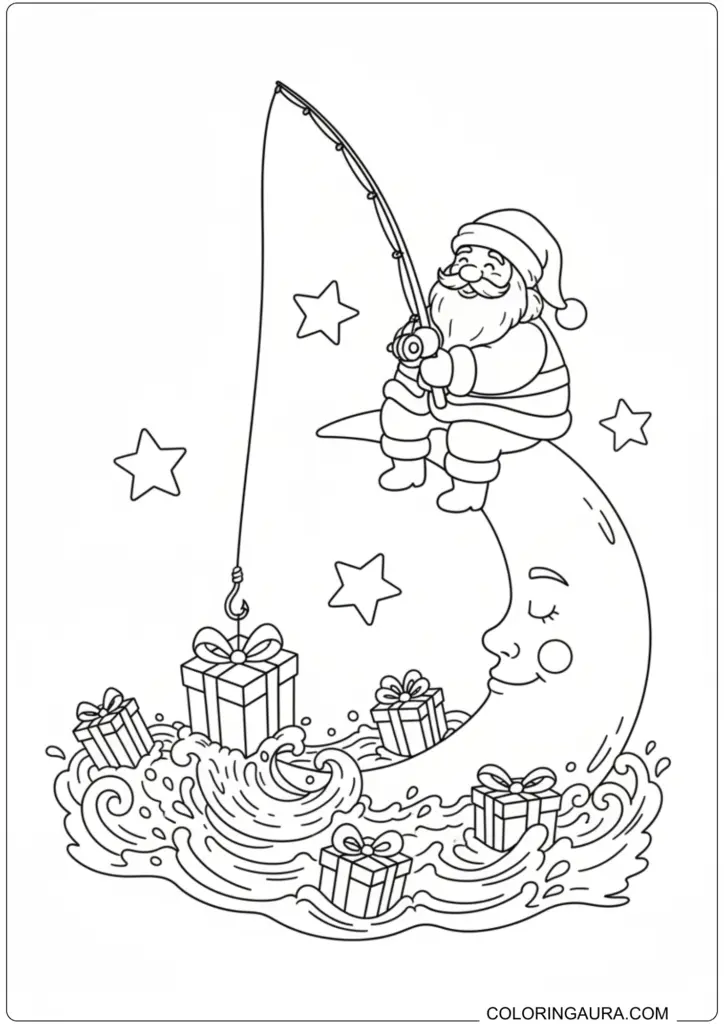 Printable coloring page of Santa sitting on a crescent moon fishing for floating gift boxes.
