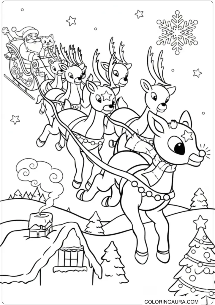 Santa Claus flying in a sleigh pulled by reindeer over snowy rooftops printable coloring page