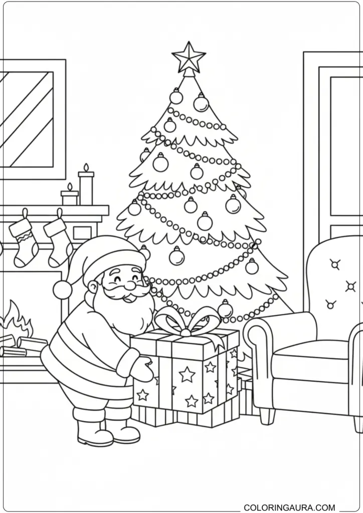 Santa Claus holding a gift box near a decorated Christmas tree and fireplace coloring page.