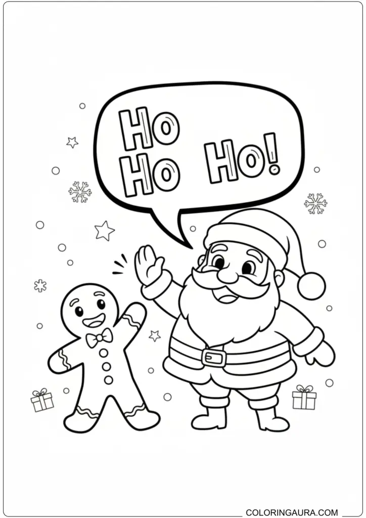 Cheerful Santa saying "Ho Ho Ho" and waving with a Gingerbread Man coloring page.