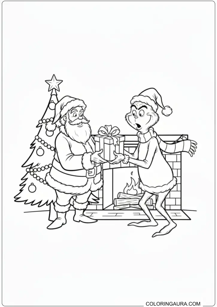 Santa Claus giving a wrapped gift to a surprised Grinch by a fireplace for coloring.