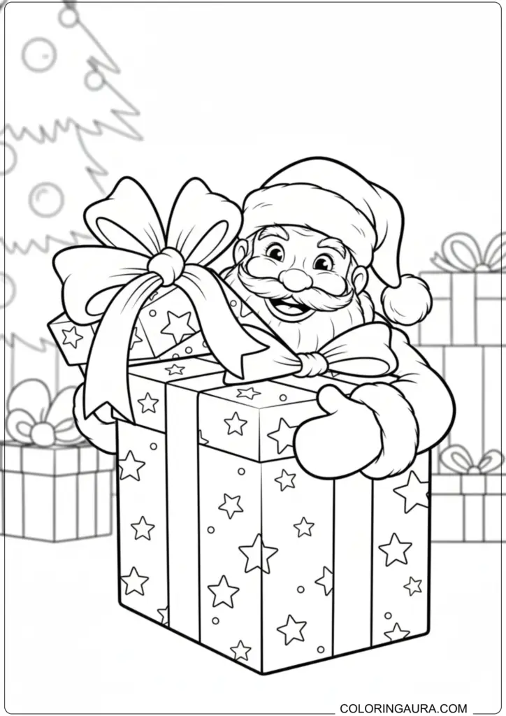 Happy Santa Claus holding a giant star-patterned Christmas gift box in this printable coloring page.