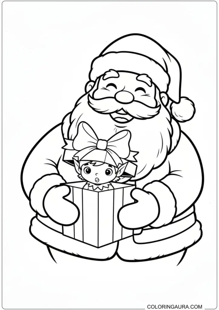 Smiling Santa Claus holding a present with a cute elf popping out printable coloring page.