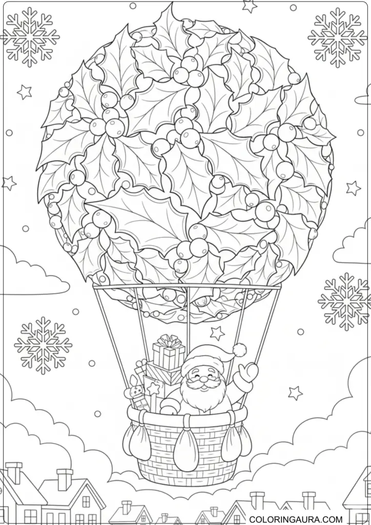Detailed Christmas coloring page of Santa in a hot air balloon, with a holly leaf balloon and gifts, flying over rooftops.