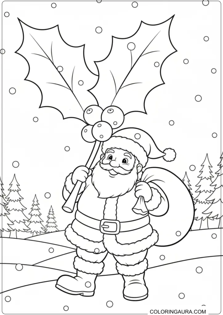 Jolly Santa Claus holding a large holly leaf as an umbrella, carrying a gift sack in a snowy landscape with pine trees.