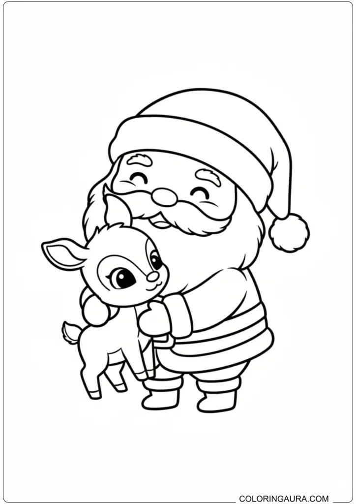 Happy Santa Claus giving a warm hug to a cute baby reindeer coloring page