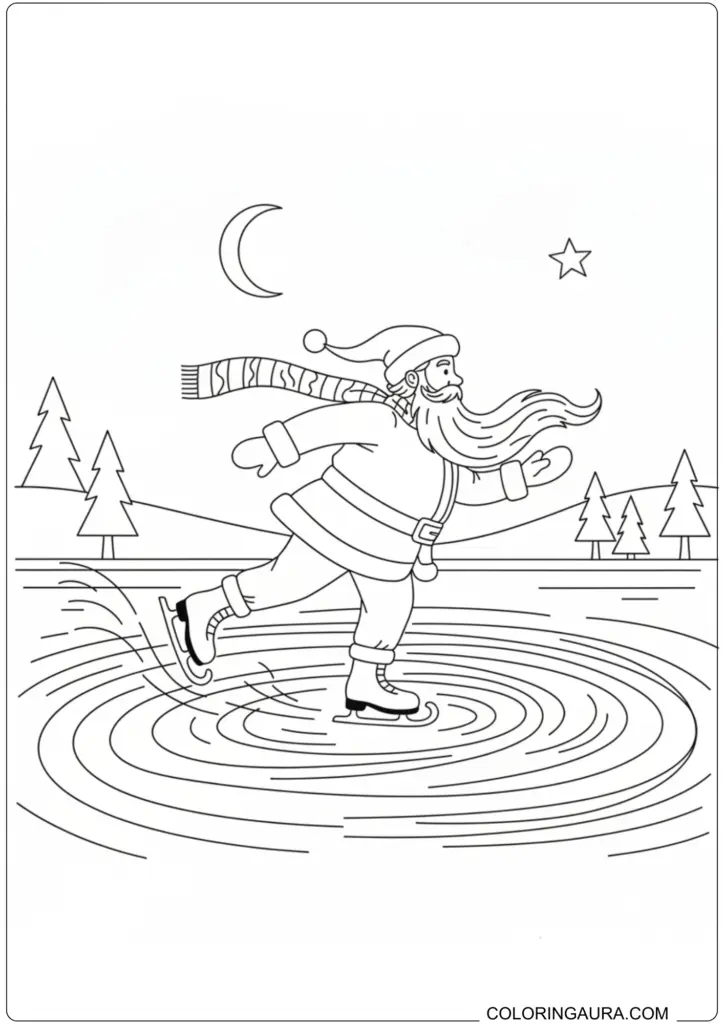 Festive Santa Claus ice skating on a frozen pond under a crescent moon, with pine trees in the background. 