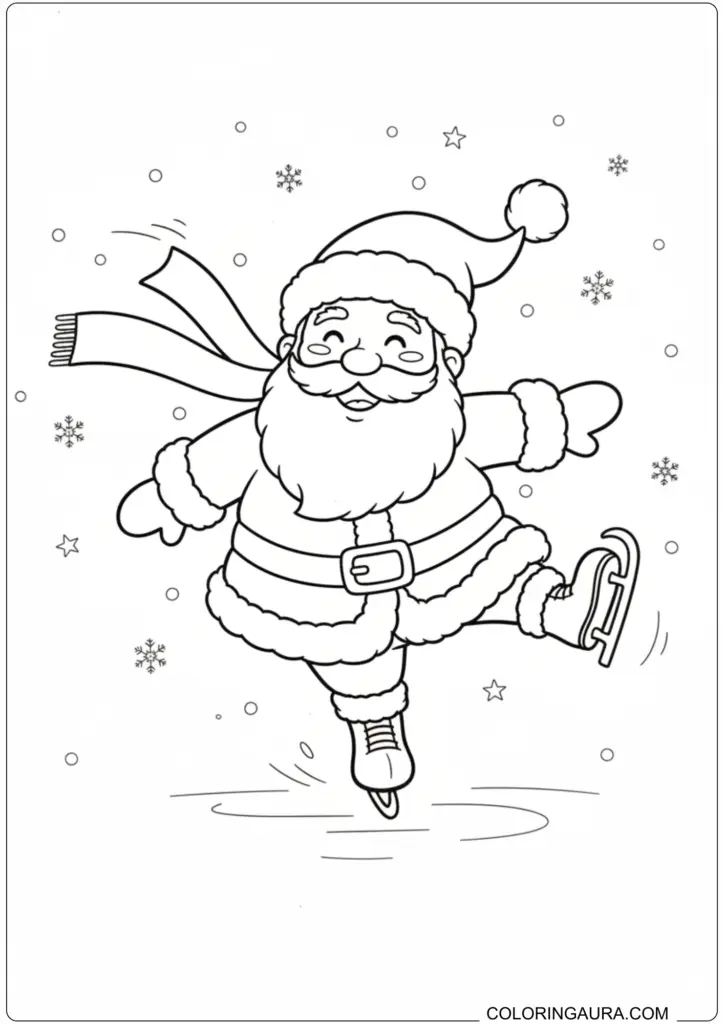 Jolly Santa Claus ice skating on a snowy rink, wearing a scarf and his traditional suit.