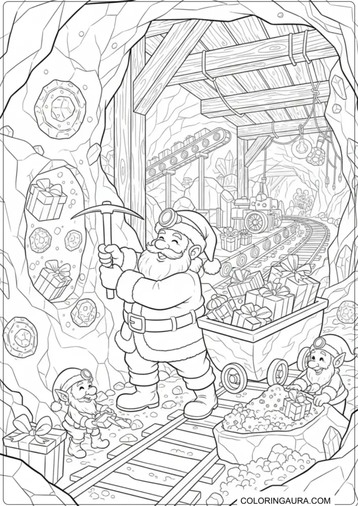 Printable coloring page of Santa and elves mining gifts in a detailed cave setting.