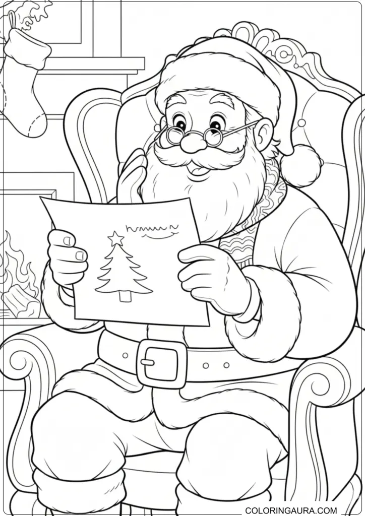 Santa Claus sitting in an armchair reading a child's Christmas tree drawing coloring page.