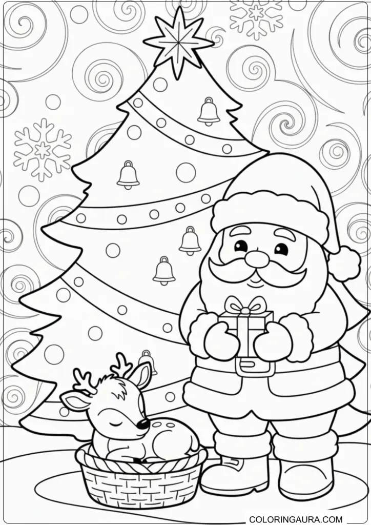 Cute Santa holding present, baby reindeer in basket, decorated Christmas tree, snowflakes, and festive swirls for coloring.