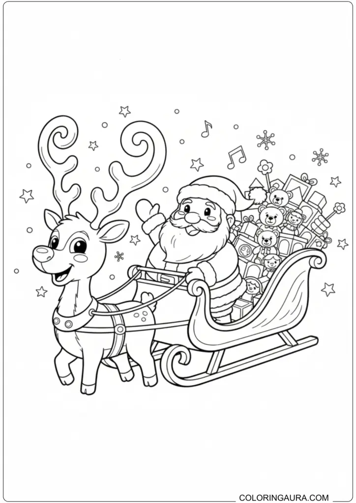 Santa Claus waving from a sleigh pulled by a happy reindeer, full of presents and toys.