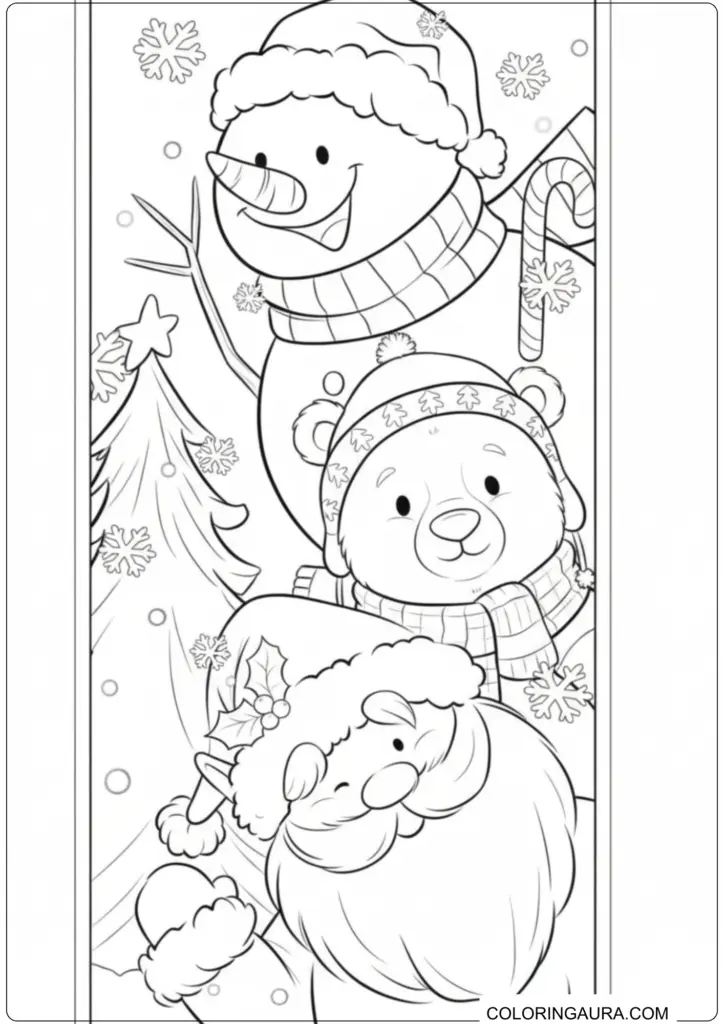 Vertical Christmas coloring page featuring Santa, a teddy bear, and a snowman with snowflakes.