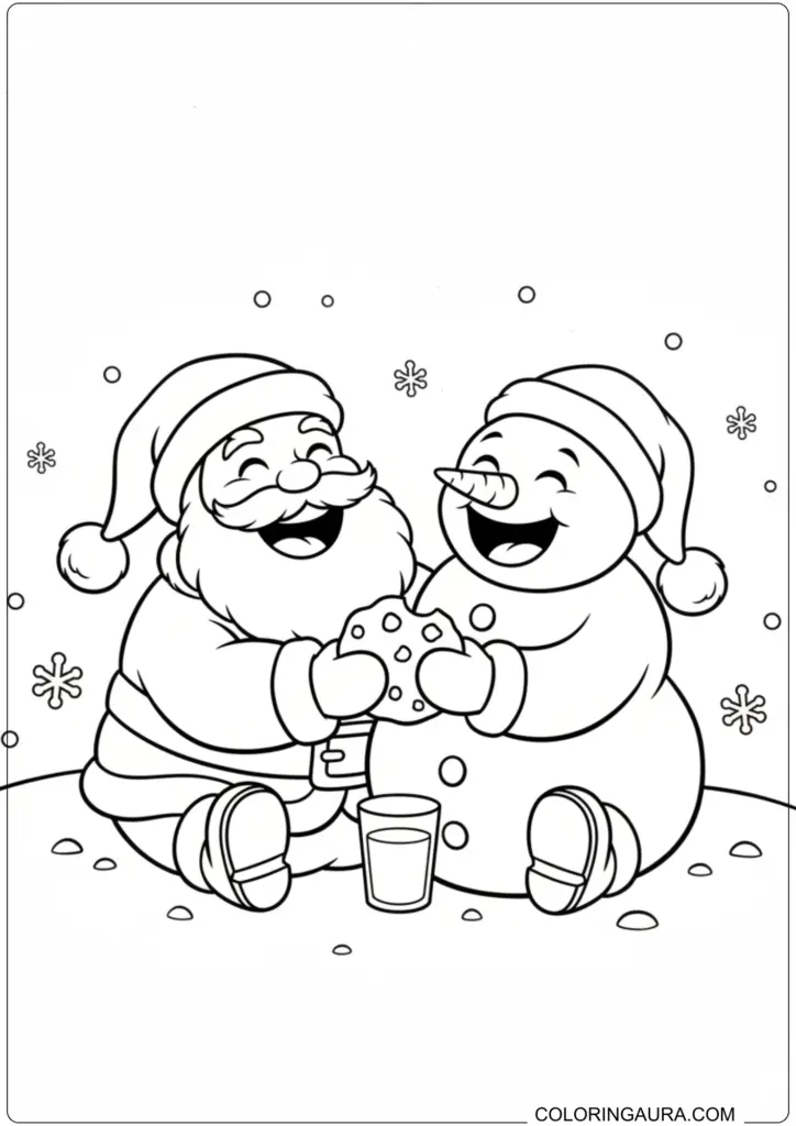 Santa and snowman happily sharing chocolate chip cookies and milk in falling snow.