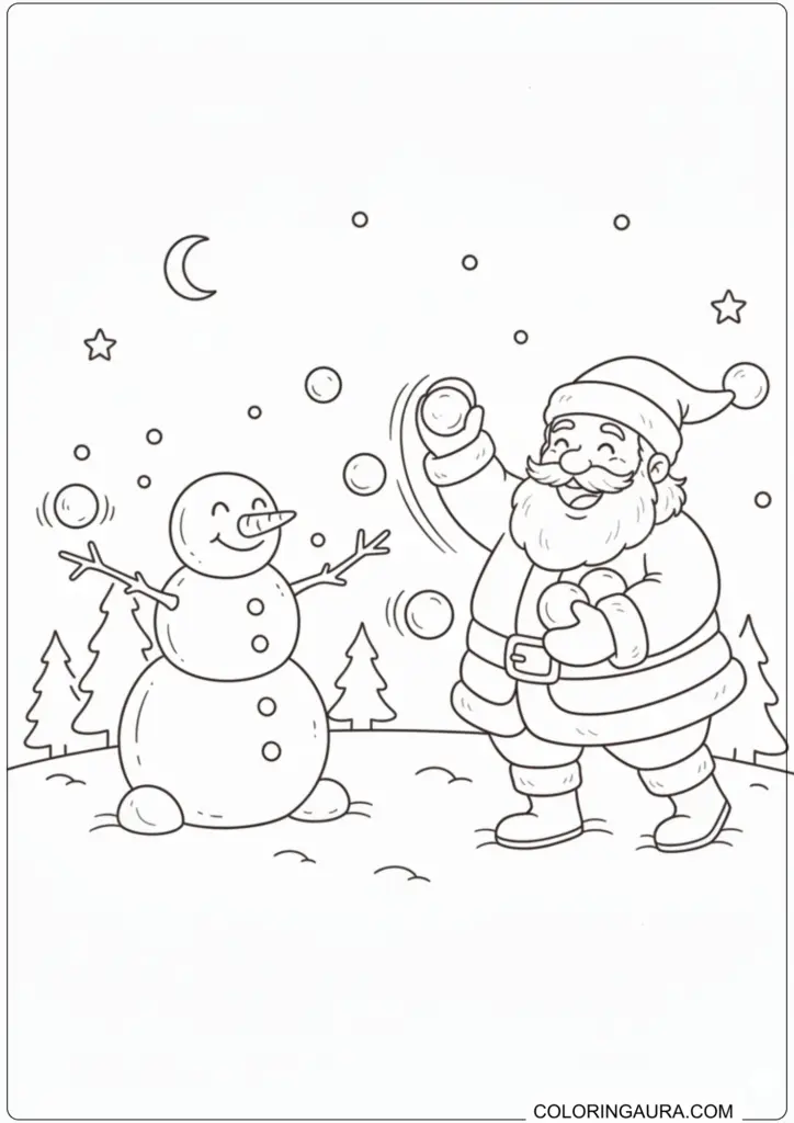 Printable coloring page of Santa Claus and a snowman having a playful snowball fight at night.