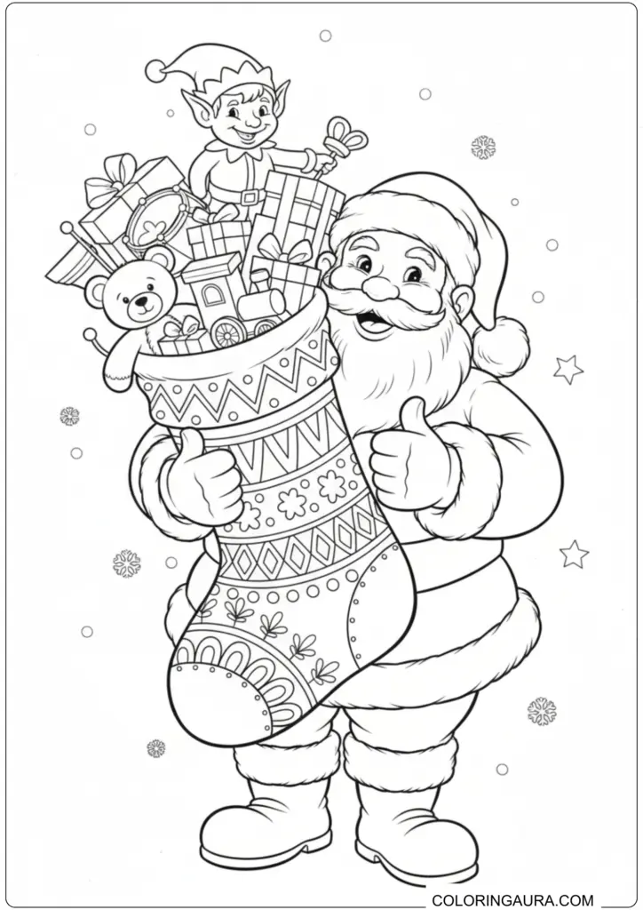 Detailed Christmas coloring page of Santa holding a giant stocking filled with a happy elf and many presents.