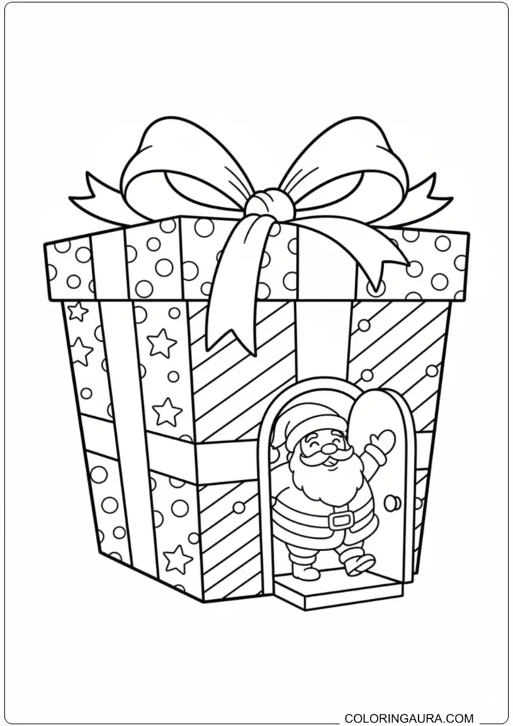 Printable coloring page featuring Santa Claus waving as he steps out of a large decorated gift box.