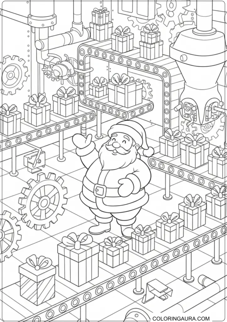 Printable coloring page of Santa Claus in a busy toy factory with gift conveyors.