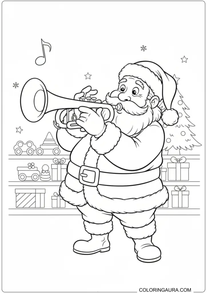 Santa Claus playing trumpet Christmas music with gifts and toys in the background, festive holiday scene.
