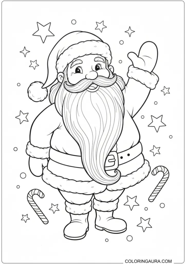 Cheerful Santa Claus waving, surrounded by stars and candy canes, perfect for Christmas coloring.