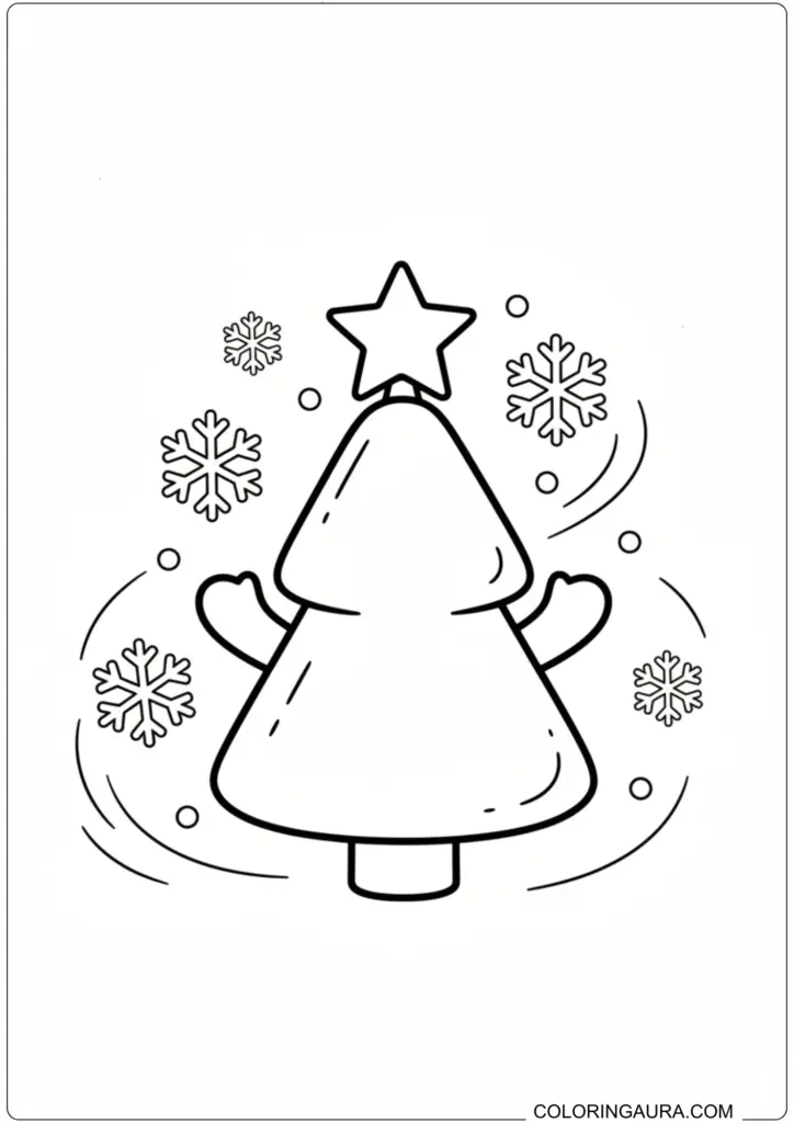 A simple, cute Christmas tree with a star topper and surrounded by various snowflakes, ready for coloring.