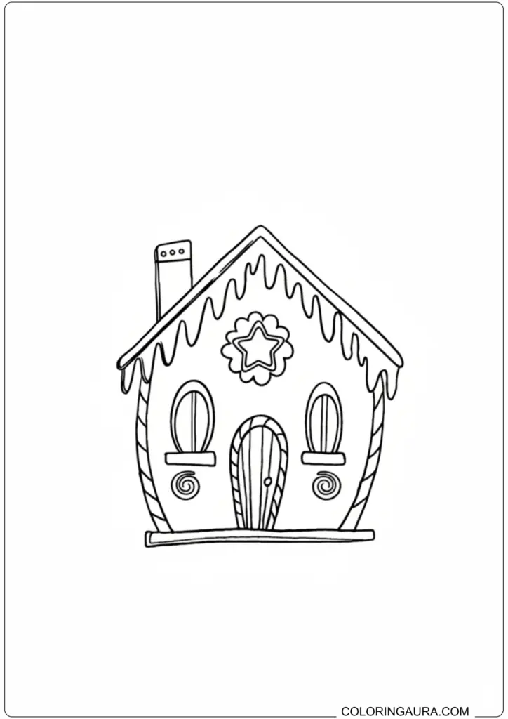 Simple gingerbread house coloring page featuring icing details, a star, and candy decorations.