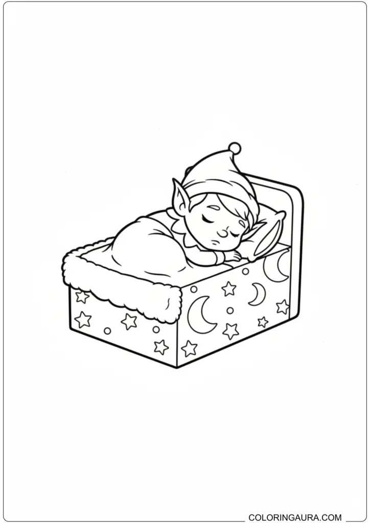 Cute sleeping Christmas elf tucked in bed with moon and star designs printable coloring page.