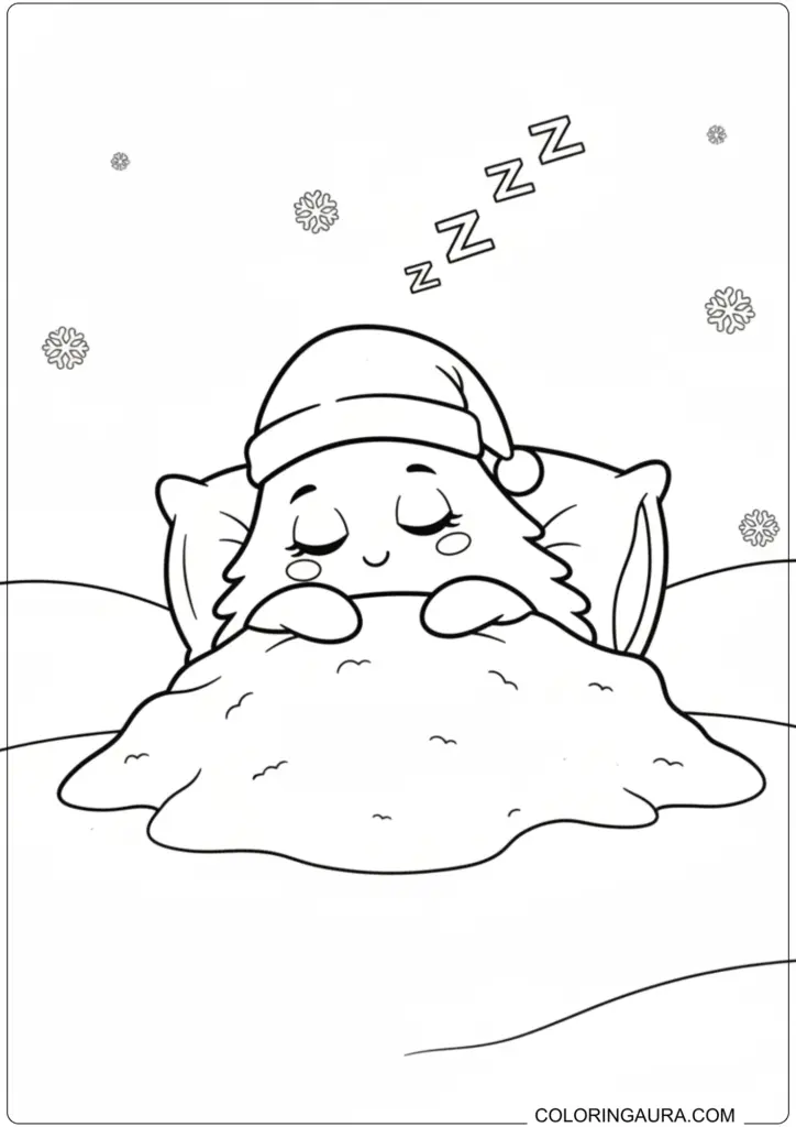 Cute cartoon star wearing a Santa hat, sleeping soundly under a blanket with snowflakes falling.