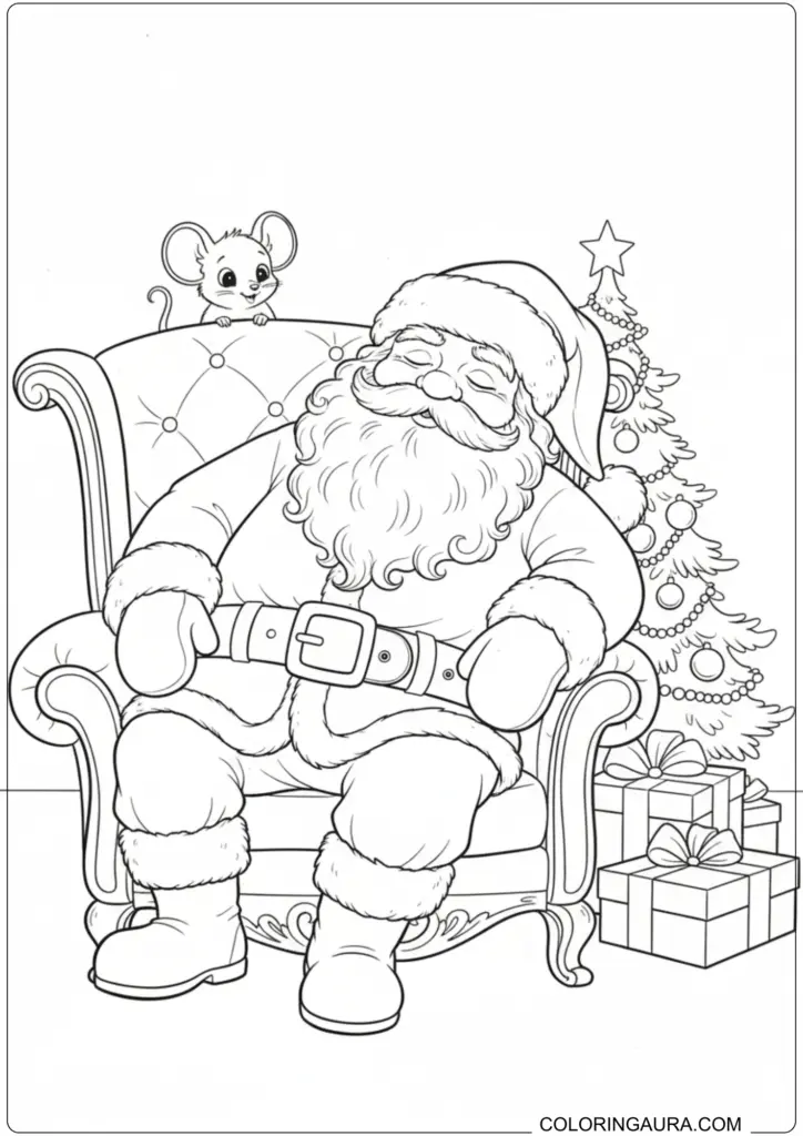 Sleeping Santa Claus coloring page featuring a mouse on the chair and Christmas tree background.