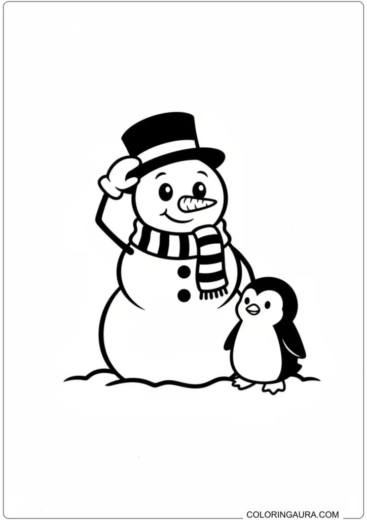 Happy snowman tipping top hat next to a cute penguin friend coloring page.