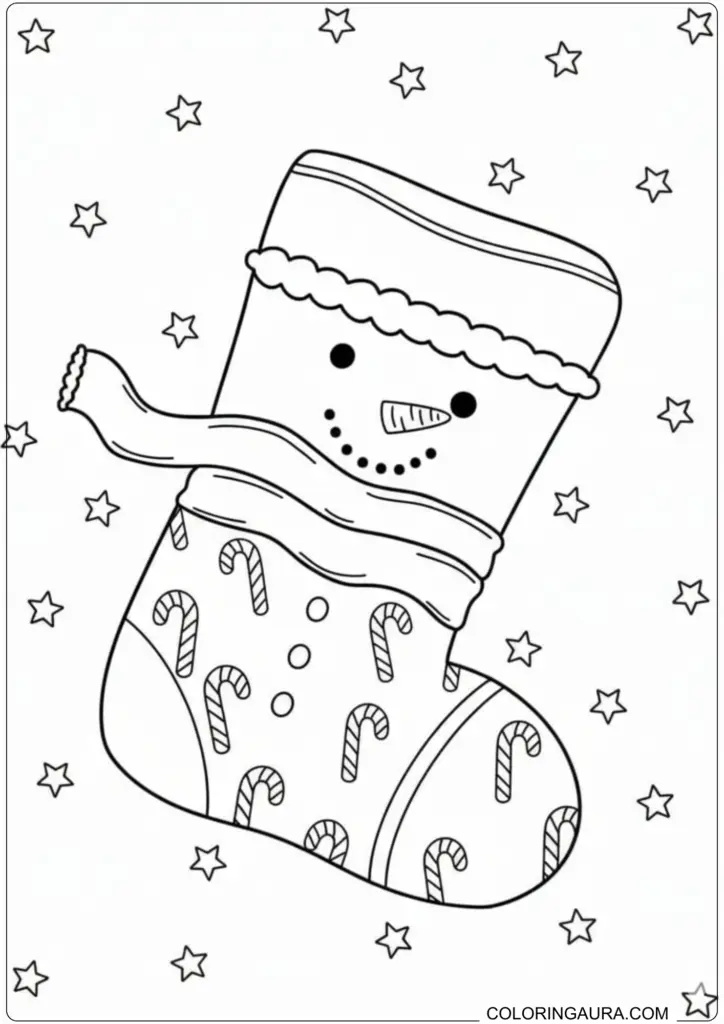 Printable snowman Christmas stocking coloring page featuring candy cane patterns and starry background.