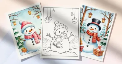 Uncolored snowman coloring page displayed between two finished watercolor snowman art prints.