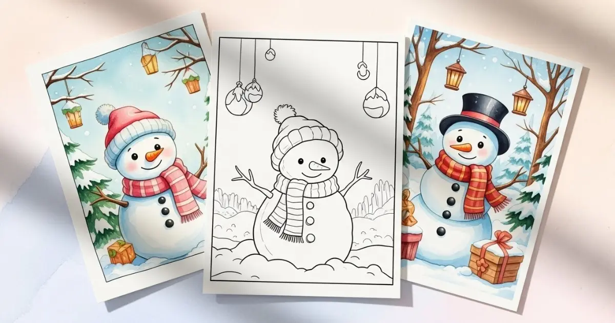 Uncolored snowman coloring page displayed between two finished watercolor snowman art prints.