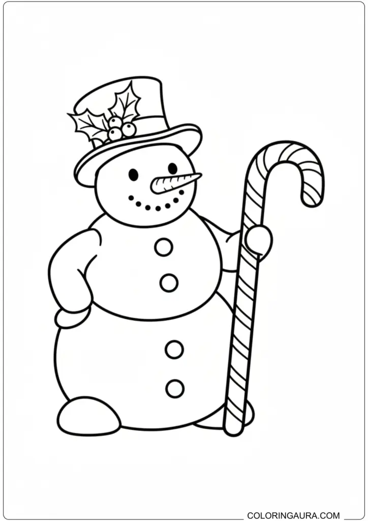 Cheerful snowman coloring page wearing a holly top hat and holding a large candy cane.