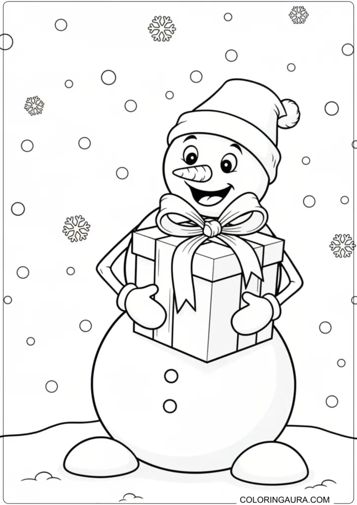 Happy snowman coloring page holding a large wrapped gift box with falling snowflakes.