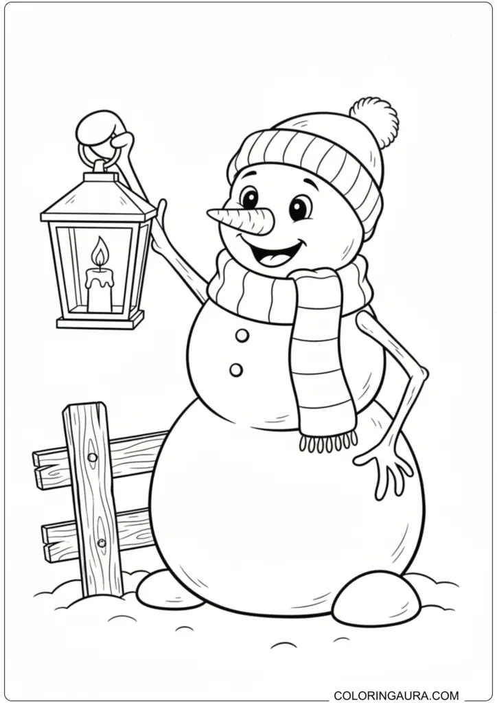 Cute snowman coloring page holding a candle lantern standing next to a wooden fence.