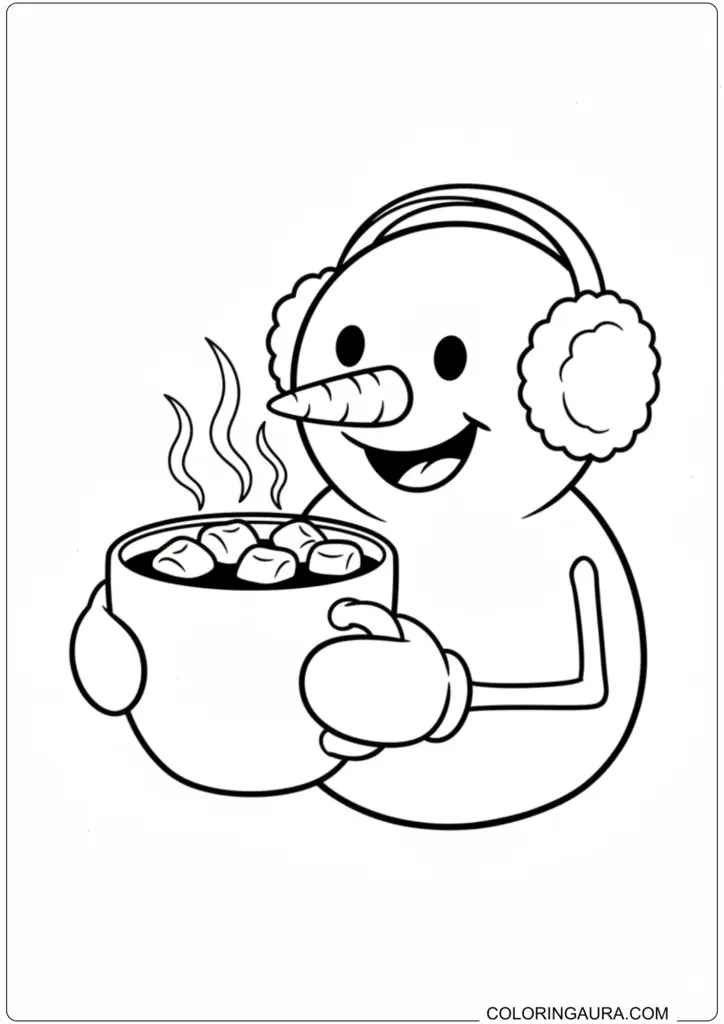 Happy snowman wearing earmuffs holding a steaming mug of hot cocoa with marshmallows.