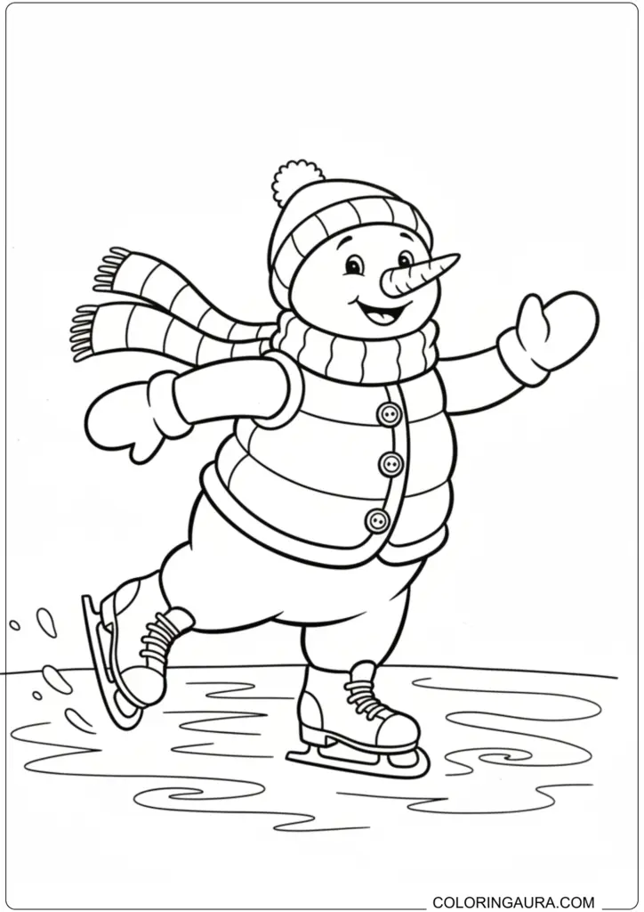 Joyful snowman coloring page ice skating wearing a puffer vest, hat, and striped scarf.