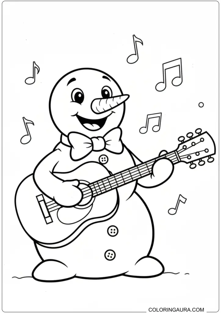 Happy snowman playing an acoustic guitar wearing a bow tie surrounded by musical notes.