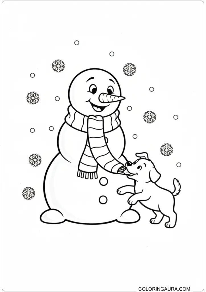 Happy snowman coloring page with a playful puppy tugging on his striped scarf.