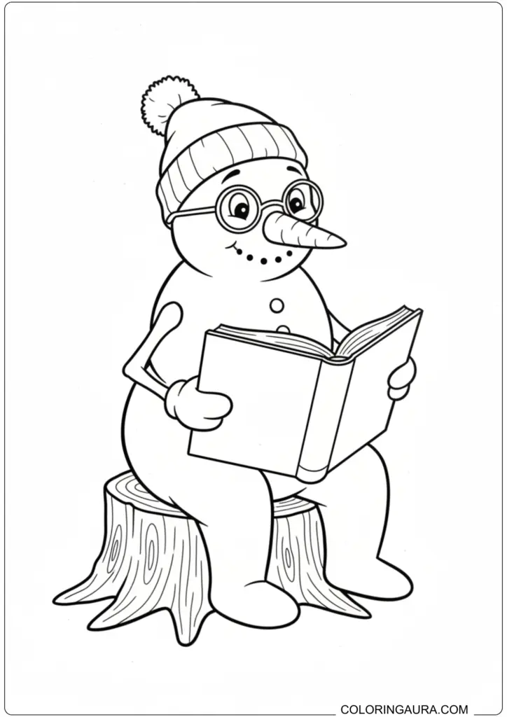 Happy snowman with glasses reading a book while sitting on a tree stump.