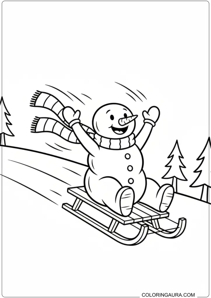 Joyful snowman sledding down a snowy hill with raised arms and a flying striped scarf.