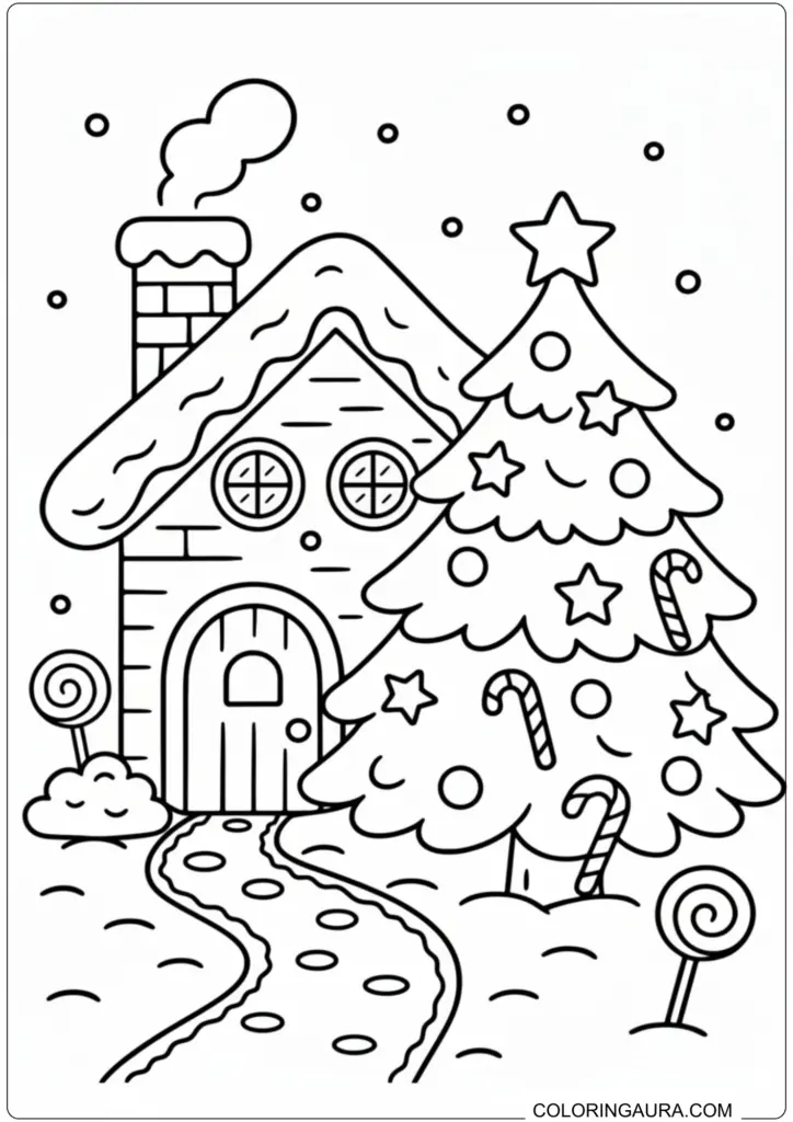 Printable coloring page featuring a snowy cottage, decorated Christmas tree, and festive candy details.