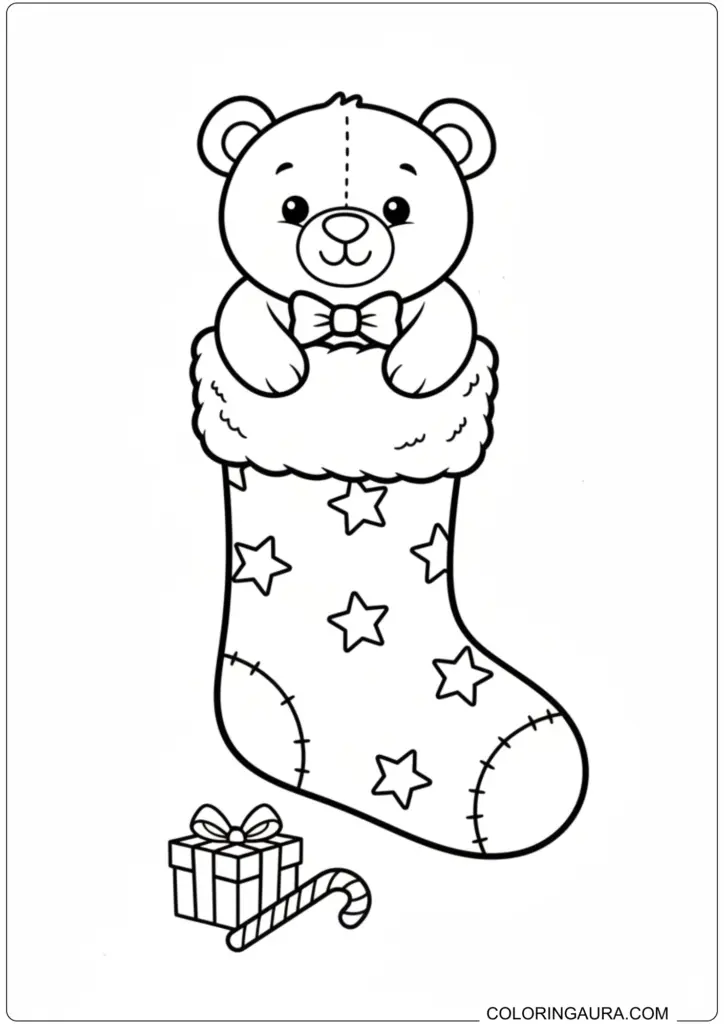 Cute teddy bear in a starry Christmas stocking coloring page with gift and candy cane.