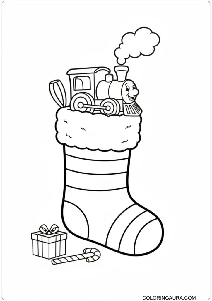 Printable Christmas stocking coloring page featuring a cheerful toy train, gift box, and candy cane.