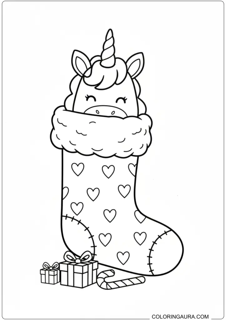 Unicorn in heart-patterned Christmas stocking coloring page with gifts and candy cane.