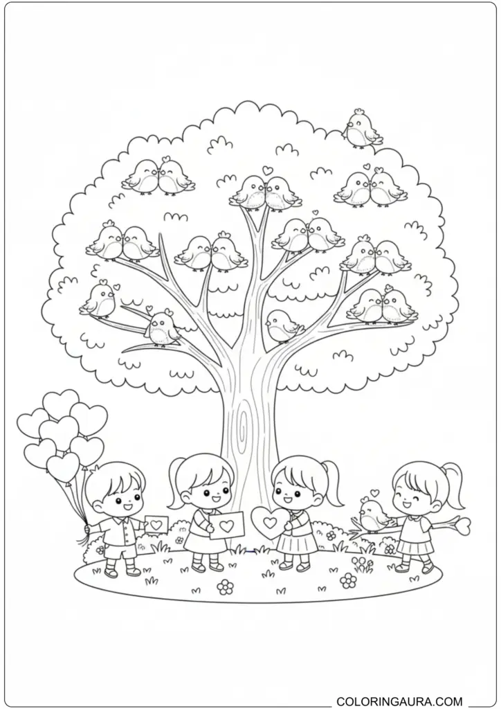 Happy kids exchanging heart cards and balloons under a tree filled with cute lovebirds