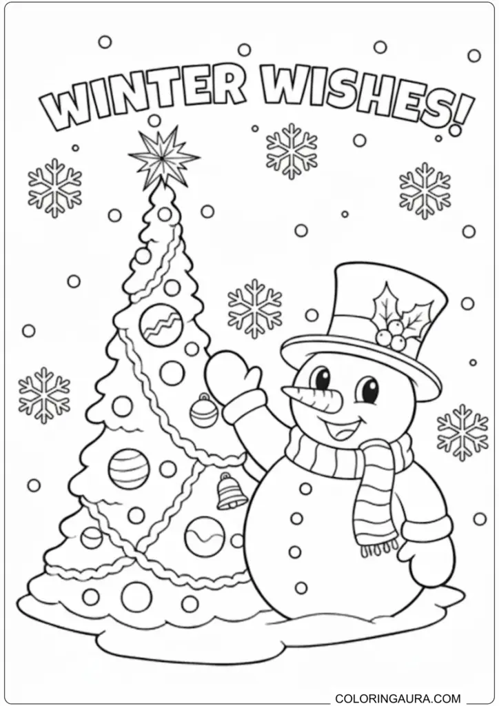Winter Wishes coloring page featuring a smiling snowman in a top hat and scarf, waving next to a decorated Christmas tree with a star on top, surrounded by snowflakes.